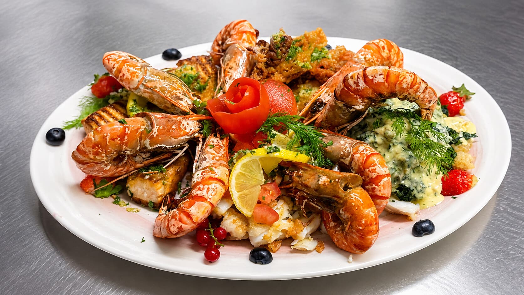 Fisch- und Meeresfrüchteplatte mit Garnelen der Taverne Mykonos