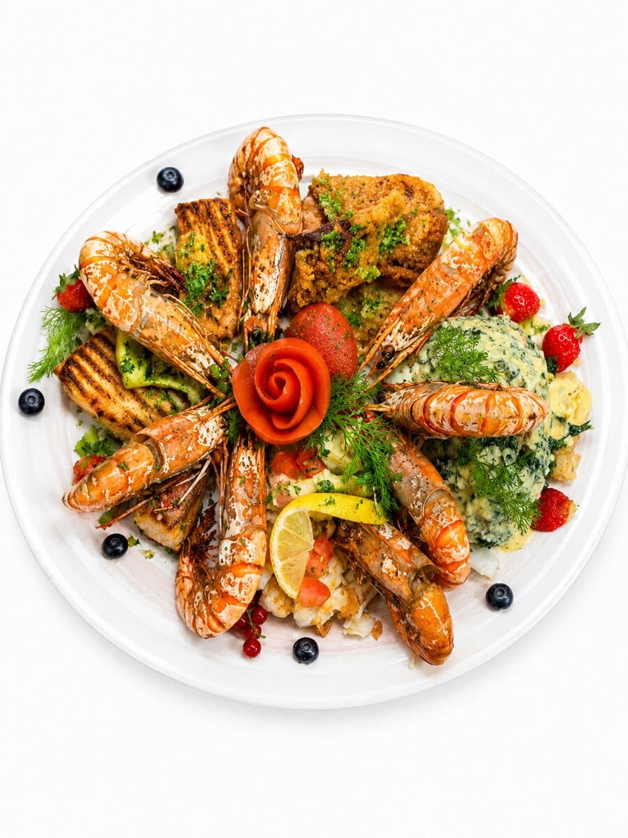 Fischplatte mit Langusten, Garnelen und Lachs der Taverne Mykonos