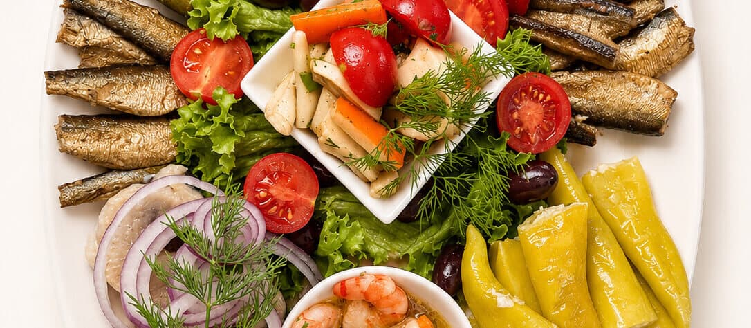 Griechische kalt-warme Vorspeisenplatte mit Peperoni, Oliven, Tomaten und Meeresfrüchten in der Taverne Mykonos